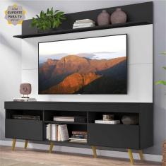Rack c/ Painel e Suporte TV 65&quot; Madri Multimóveis Preto/Branco com Prateleira e Pés Retrô Natural