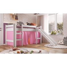 Cama Infantil Elevada com Escorregador Cortina Rosa Playground
