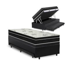 Cama Box Baú e Auxiliar Solteiro Preta + Colchão Molas - Ortobom - Physical Nanolastic - 88x188x65cm
