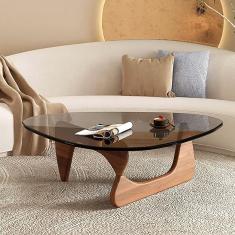 Mesa de centro triangular, mesa de centro moderna (moldura de madeira + tampo de vidro triangular) para sala de estar, pátio, escritório, lounge, escritório, nogueira + transparente, nogueir