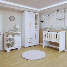 Quarto de Bebê Completo 100% Mdf com Guarda Roupa, Cômoda e Mini Berço Sonharte Branco