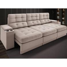 Sofá com Porta Copos e Carregador USB Eureka 2,30m  Assento Retrátil e Reclinável Velosuede Bege - NETSOFAS