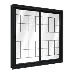 Janela De Aço De Correr Lateral 1 Folha Móvel E 1 Folha Fixa Com Grade Quadrada 100x120cm Aço Pronto Riobras Preto