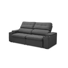 Sofá Retrátil E Reclinável 3 Lugares 210cm Zoho Porta Copos No Braço Veludo Grafite G22 - Gran Belo