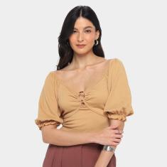 Blusa Lecimar Cropped Princesa Com Argola Manga 3/4 Feminina-Feminino