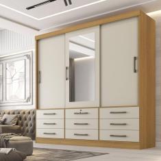 Guarda Roupa Casal 3 Portas com Espelho Central 9 Gavetas 100% MDF Atlanta Cinamomo/Off White
