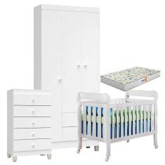 Quarto De Bebê 3 Portas Com Gaveteiro Ternura Baby E Berço Lila Branco Brilho Com Colchão Gazin - Incorplac