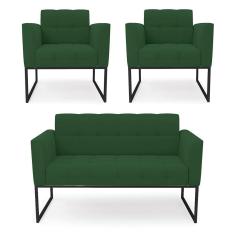 Kit 1 Sofá Namoradeira E 2 Poltronas Elisa Veludo Base Metálica Industrial Preto - D'rossi Cor Verde