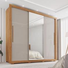 Guarda-roupa Casal com Espelho 3 Portas 4 Gavetas Costa Rica Cinamomo/Off White