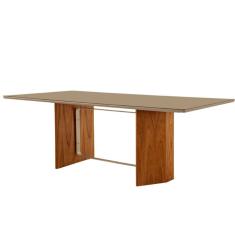 Mesa para Sala de Jantar Pillar 220cm Madeira Com Vidro e detalhe em metal Moderna Mobília