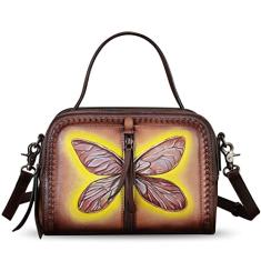 Bolsa feminina de couro genuíno pintada à mão com alça superior, bolsa tiracolo feita à mão, Padrão 2, Medium