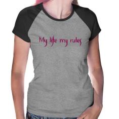 Baby Look Raglan My Life My Rules - Foca na Moda, Cinza, Preto, G