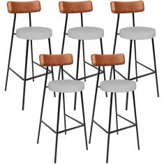 Kit 05 Banquetas Alta Cozinha Sala De Jantar Aço Milão L02 Couríssimo Camel Linho Cinza - Lyam Decor