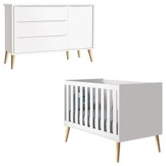 Berço Americano e Cômoda com Porta Infantil Theo Branco Acetinado Pés 