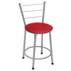 Banqueta Baixa Prata com Encosto para Cozinha Assento Vermelho - Fortm