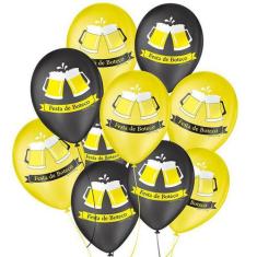 Balão De Festa Decorado Boteco - Amarelo E Preto 9" 23cm - 25 Unidades