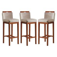 Conjunto 3 Banquetas Alta em Madeira Maciça Libéria CCS Interiores Pinhao/Bege