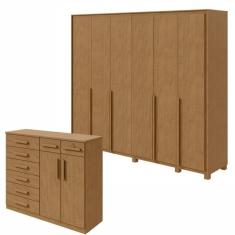 Conjunto de Guarda-Roupa 6 Portas com Pés Imperatore com Cômoda Toronto Amêndoa Clean
