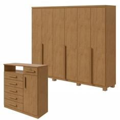 Conjunto de Guarda-Roupa Alonzo com pés e Cômoda Da Vinci com Nicho Amêndoa Clean