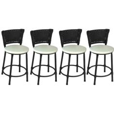 Kit 4 Banquetas Baixas Preta com Encosto Junco Preto Assento Branco