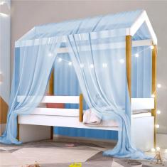 Cama Montessori Cabana Solteiro Com Cordão Led E Dossel Azul