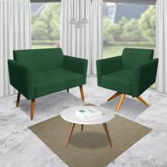 Kit 01 Namoradeira e 01 Poltrona Marisa Suede Verde Base Giratória Mad