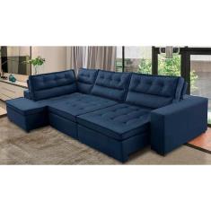 Sofá de Canto Retrátil e Reclinável com Molas LE 3,00x2,00m Viviane Suede Azul Madelina Decor