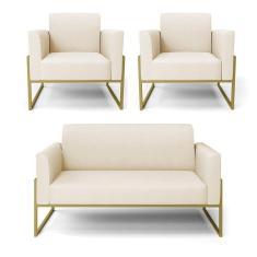 Sofá Namoradeira Com 2 Poltronas Base Industrial Alta Dourado Marisa Linho D03 - D\`rossi Cor A19 Bege