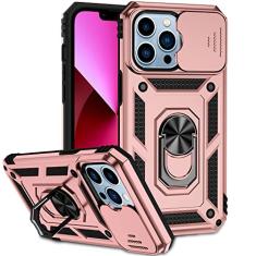 Ailampe Capa para iPhone 13 Pro com capa para câmera e suporte, proteção de lente deslizante + suporte de anel giratório de 360°, resistente a impactos, à prova de choque, amortecedor, capas para
