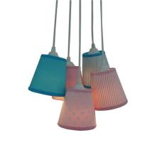 Lustre Pendente Luminária Cacho 5 Cúpulas Tecidos Tons de Rosa e Azul 