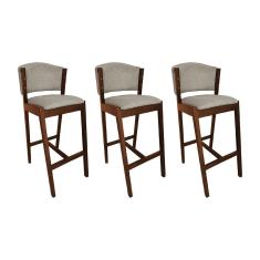Kit 3 Banquetas Alta de Madeira Maciça Castanho Premium Ana com Encosto Linho Bege