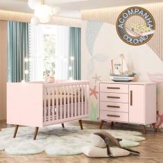 Berço Americano 3820 e Cômoda Infantil 3825 Q Encanto Retrô Qmovi Rosa