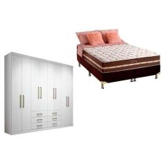 Cama Box Casal + Colchão Classic + Guarda Roupa Master 8.6 Branco - Sa