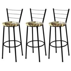 Kit 3 Banquetas Altas Preta com Encosto Assento Floral Marrom - Fortmi