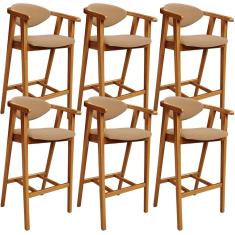 Kit 06 Banquetas Altas Cecília L02 Poliéster Assento Estofado Base Fixa com Encosto 102 cm Mostarda