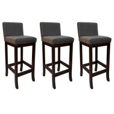 Kit 3 Banquetas Alta Estofada de Madeira Capuccino Melody Suede Cinza