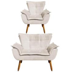 Kit Namoradeira 2 Lugares e 1 Poltrona Decorativa Pés Palito Opla Sued