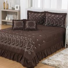 Kit Cobre Leito Casal King Desejos 07 Peças Bordado Colcha - Marrom - 