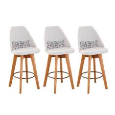 Kit 03 Banquetas Alta Maya Giratória Com Encosto Gourmet Linho Bege e 