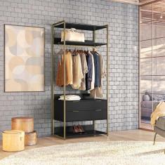 Guarda-Roupa Closet Industrial Mital com Cabideiro 2 gv Preto e Dourado