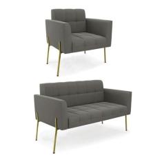 Sofá Namoradeira E Poltrona Pé De Ferro Dourado Elisa Suede D03 - D'ro