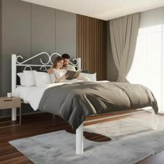 Cama Casal Ferro Com Cabeceira Branca E Estrado Em Pinus 002 - Marchel