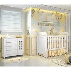 Quarto de Bebê Lisa Provençal Berço Mini Cama Lisa Cômoda Infantil com Porta Branco Carolina Baby