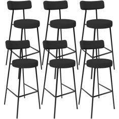 Kit 06 Banquetas Altas Cozinha Bar Sala De Jantar Em Aço Milão L02 Bouclê Preto - Lyam Decor