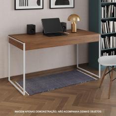 Escrivaninha Industrial Madeira Padrão Office Amêndoa Malta 137x53cm com Base em Ferro Branco