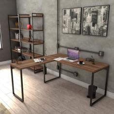 Mesa De Escritório Em L Estilo Industrial 1,50mx1,50m Kuadra Compace Nogal
