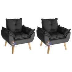 Kit 02 Poltrona/Cadeira Decorativa Glamour Preto Com Pés Quadrado - Sm