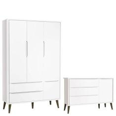 Cômoda Infantil Com Porta E Guarda Roupa 3 Portas Theo Branco Acetinado Com Pés Amadeirado - Reller