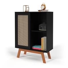 Balcao Alto Aparador Buffet com Porta de Correr Rattan pés em Madeira Preto - Ofertamo