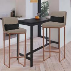 Kit 02 Banqueta Alta com Encosto Lucca Industrial Cozinha Balcão Ferro Bronze Sintético Bege e Almofada Preto - Ahazzo Móveis